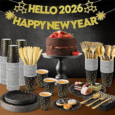 350 PCS Disposable Black Gold Party Dinnerware Set for Birthday Anniversary