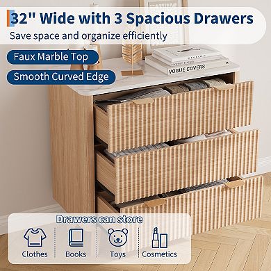 32 in Width Fluted Nightstand, Modern 3 Drawer Bedside Table, Wood Chest of Bedside Table