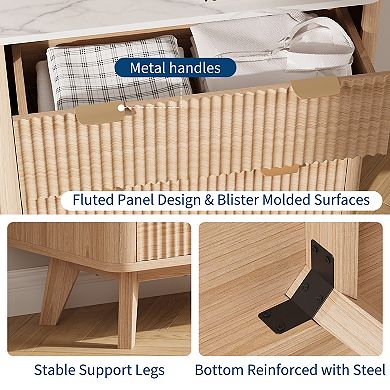 32 in Width Fluted Nightstand, Modern 3 Drawer Bedside Table, Wood Chest of Bedside Table