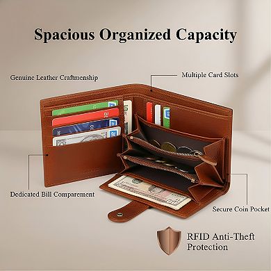 ZUQIETA Women's RFID-Blocking Leather Bifold Wallet - Compact Card Holder with Removable ID Window