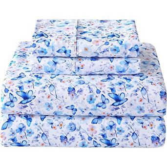 Queen Floral Sheets,Microfiber Flower Printed Fitted Sheets with Non-Slip Corner Straps and 15" Deep