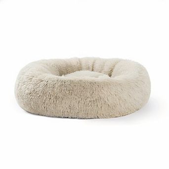 Calming Donut Dog Bed 36", 3X Plush Faux Fur Machine Washable Non-Slip Beige