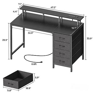 47" Gaming Desk with LED Lights & Power Outlets: 4 Drawers, Monitor Stand, Study, Work, Home, Small