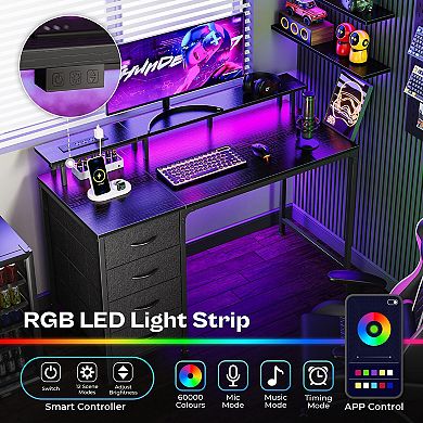 47" Gaming Desk with LED Lights & Power Outlets: 4 Drawers, Monitor Stand, Study, Work, Home, Small