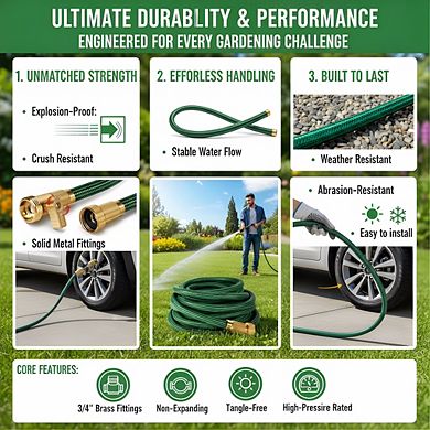 25ft Flexible Water Hose, Non-Expandable Leak-Proof Heavy Duty with 3/4" Solid Brass Connectors