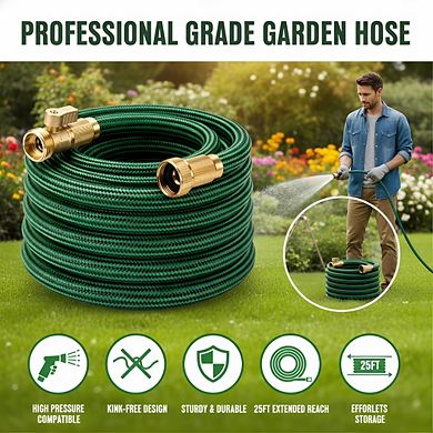 25ft Flexible Water Hose, Non-Expandable Leak-Proof Heavy Duty with 3/4" Solid Brass Connectors