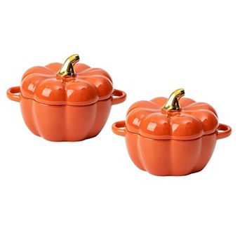 Set of 2 Ceramic Pumpkin Bowls with Handles: Oven Microwave Safe, 14 Oz, for Baking Serving