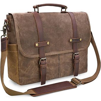 ZUQIETA 15.6" Vintage Genuine Leather & Waxed Canvas Messenger Bag for Men - Waterproof Laptop