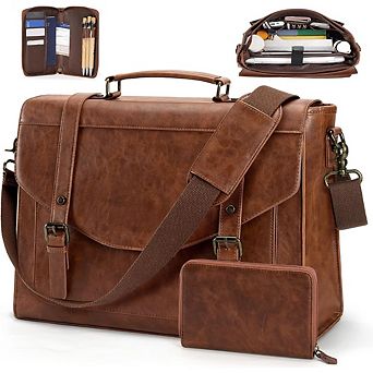 ZUQIETA 15.6" Vintage PU Leather Laptop Messenger Bag for Men - Retro Briefcase with Wallet