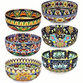 Bohemian Style 6 pc Cereal Bowls Set, 28oz Capacity, Microwave & Dishwasher Safe