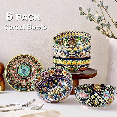 Bohemian Style 6-Piece Cereal Bowls Set, 28oz Capacity, Microwave & Dishwasher Safe