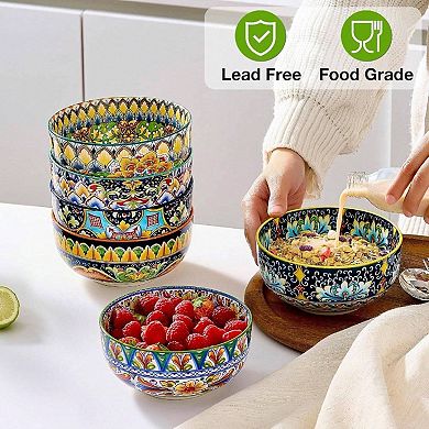 Bohemian Style 6-Piece Cereal Bowls Set, 28oz Capacity, Microwave & Dishwasher Safe