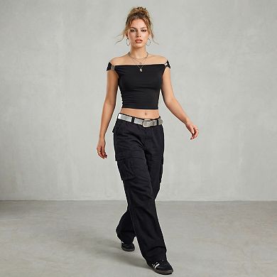 Jess by Meiko Women's Off-Shoulder Metal Decor Stretchy Top