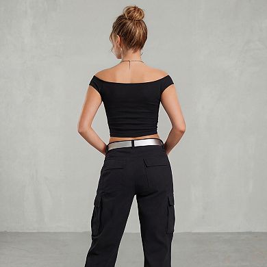 Jess by Meiko Women's Off-Shoulder Metal Decor Stretchy Top