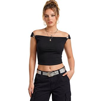 Jess by Meiko Women's Off-Shoulder Metal Decor Stretchy Top