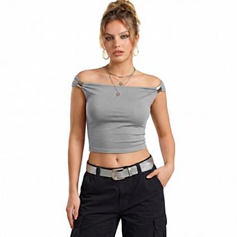 Jess by Meiko Women's Off-Shoulder Metal Decor Stretchy Top