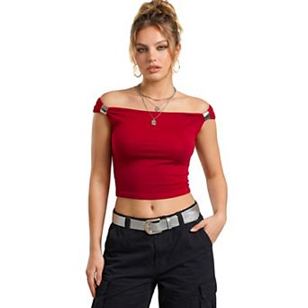 Jess by Meiko Women's Off-Shoulder Metal Decor Stretchy Top