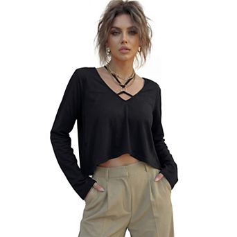 Jess by Meiko Women's Irregular Hem Halter Long Sleeve Top