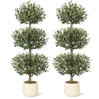 2 pc Spherical Artificial Olive Tree in White Pot with Olives, Water Resistant for Indoor/Outdoor