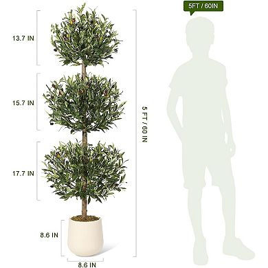 2pcs Spherical Artificial Olive Tree in White Pot with Olives, Water Resistant for Indoor/Outdoor