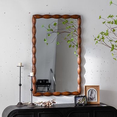 Gikpal 36-in. Mid-Century Modern Swirl Solid Wood Wall Mirror with Distressed Brown Finish