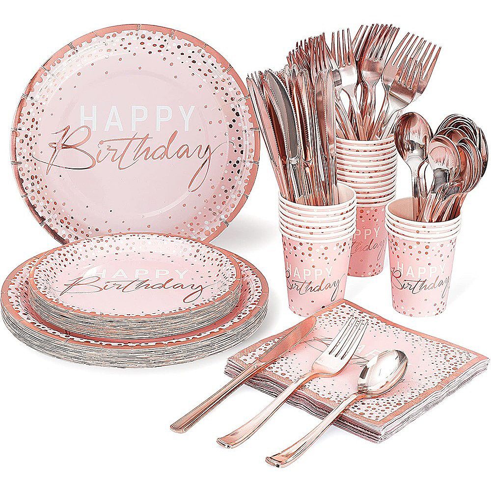 175PCS Happy Birthday Party Set Pink and Rose Gold Tableware for Girls