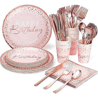 175 pc Happy Birthday Party Set Pink and Rose Gold Tableware for Girls