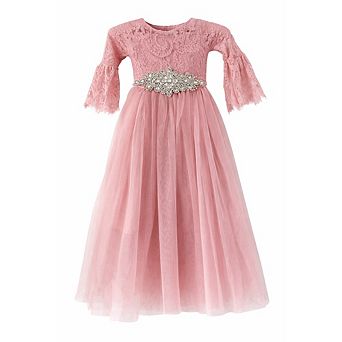 Toddler Girls Long Bell Sleeve Lace Flower Girl Dress with Gem Belt