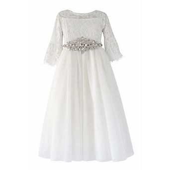 Toddler Girls Long Bell Sleeve Lace Flower Girl Dress with Gem Belt