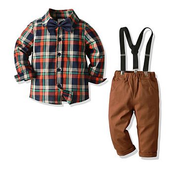 Toddler Boys Plaid Flannel Top and Suspenders Set