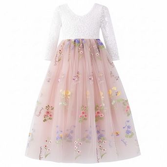 Toddler Girls Long Sleeve Lace Floral Flower Girl Dress