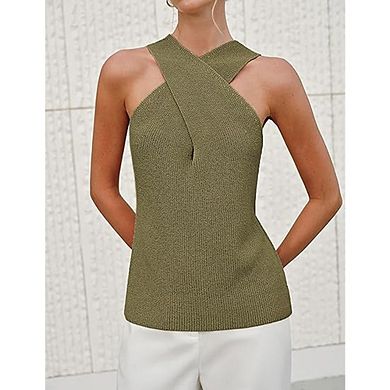 Halter Cross Over Collar Tank Top Soft Knit Sleeveless Summer Blouse