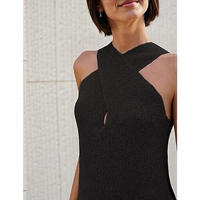 Halter Cross Over Collar Tank Top Soft Knit Sleeveless Summer Blouse