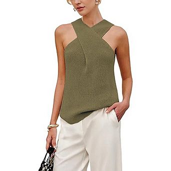 Halter Cross Over Collar Tank Top Soft Knit Sleeveless Summer Blouse
