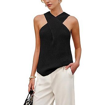 Halter Cross Over Collar Tank Top Soft Knit Sleeveless Summer Blouse