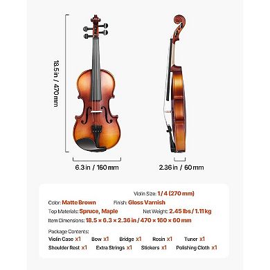 1/4 Size Violin Set for Ages 47 with Case, Bow, and Electronic Tuner