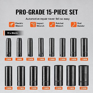 15 Pc Drive Metric Impact Socket Set Deep Sockets for Garage Use