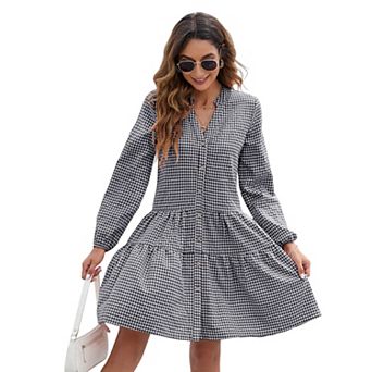 Women's Mini Dresses Casual V-Neck Button Down Long Sleeve Plaid Print Shirt Dress