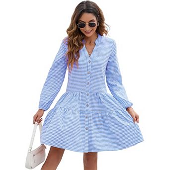 Women's Mini Dresses Casual V-Neck Button Down Long Sleeve Plaid Print Shirt Dress