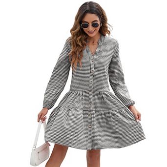 Women's Mini Dresses Casual V-Neck Button Down Long Sleeve Plaid Print Shirt Dress