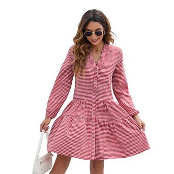 Women's Mini Dresses Casual V-Neck Button Down Long Sleeve Plaid Print Shirt Dress