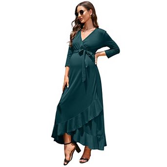 Women's Maternity Dress V neck 3/4 Sleeve Ruffle Long Dress High Waist A Line Maxi Dress with Belt