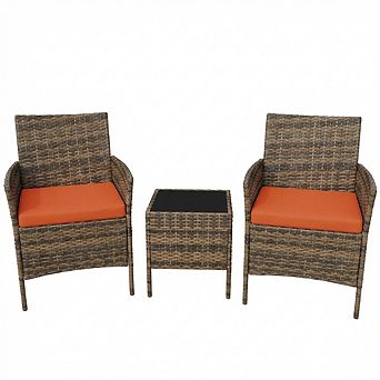Outdoor PE Rattan 3 pc Patio Bistro Set, Wicker Furniture with 2 Chairs & Glass Top Coffee Table