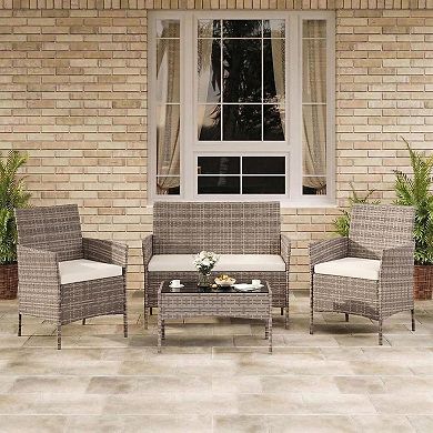 4-Piece Patio Furniture Set, Wicker Conversation Set with Glass Coffee Table & Washable Cushions