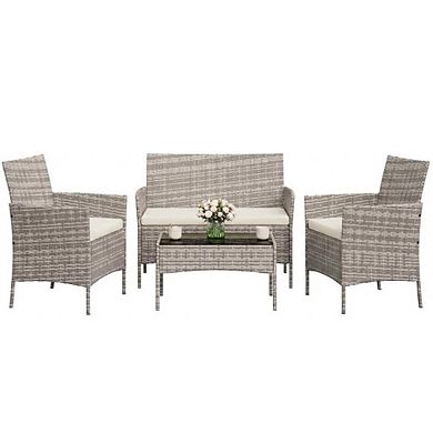 4-Piece Patio Furniture Set, Wicker Conversation Set with Glass Coffee Table & Washable Cushions