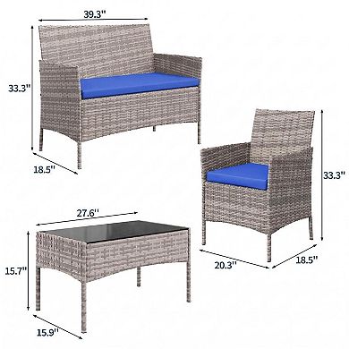 4-Piece Patio Furniture Set, Wicker Conversation Set with Glass Coffee Table & Washable Cushions