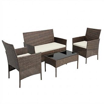4 pc Patio Furniture Set, Wicker Conversation Set with Glass Coffee Table & Washable Cushions
