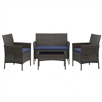 4 pc Patio Furniture Set, Wicker Conversation Set with Glass Coffee Table & Washable Cushions