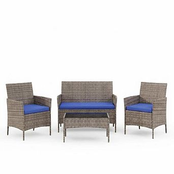 4 pc Patio Furniture Set, Wicker Conversation Set with Glass Coffee Table & Washable Cushions