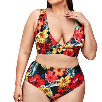 Women's Plus Size Tropical Floral Two Piece Swimsuit Wrap Front High Waisted Tummy Control Bikini